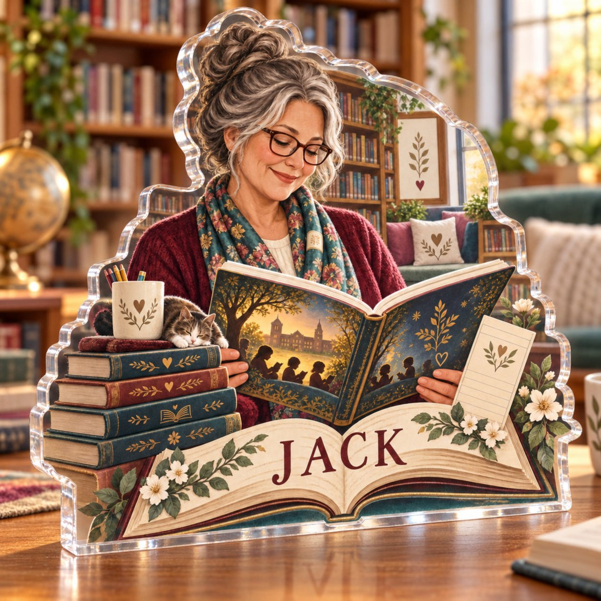 Personalized School Librarian Retirement Keepsake custom shape acrylic plaque with an example name set into the artwork, digital preview