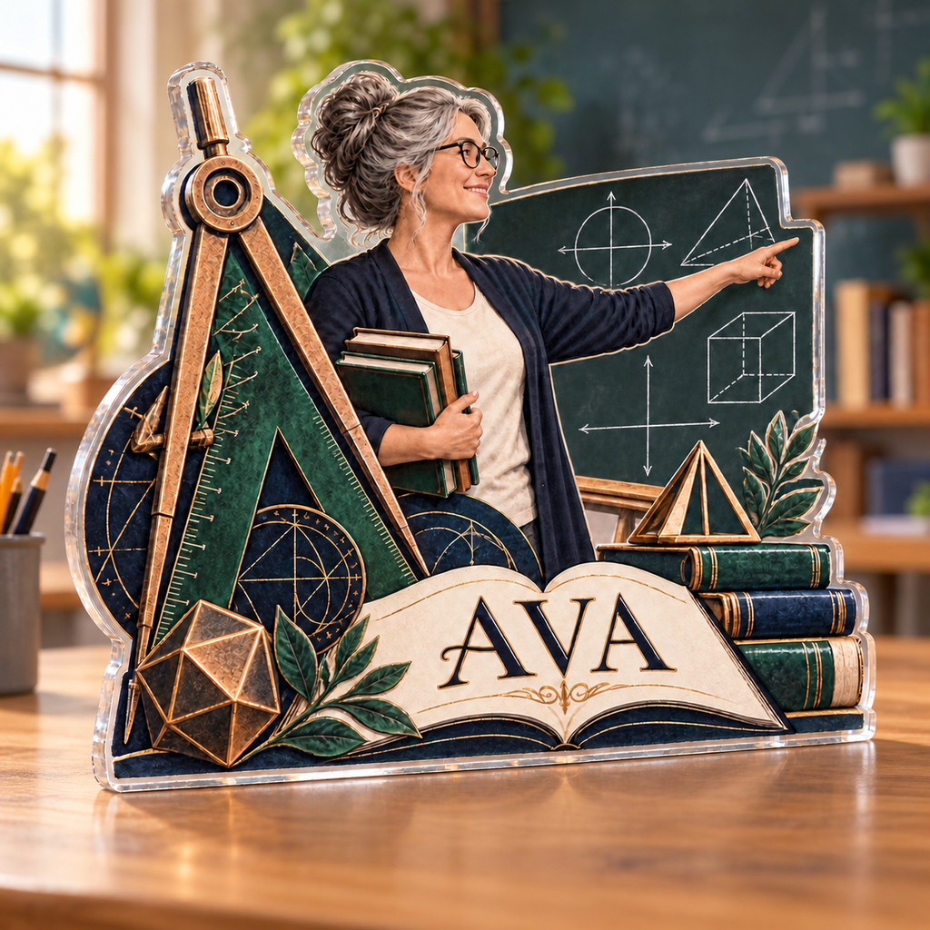 Artwork visualization: Math teacher — retirement keepsake, personalized AVA, subject-shaped acrylic with printed optical 3D depth; not carved relief.