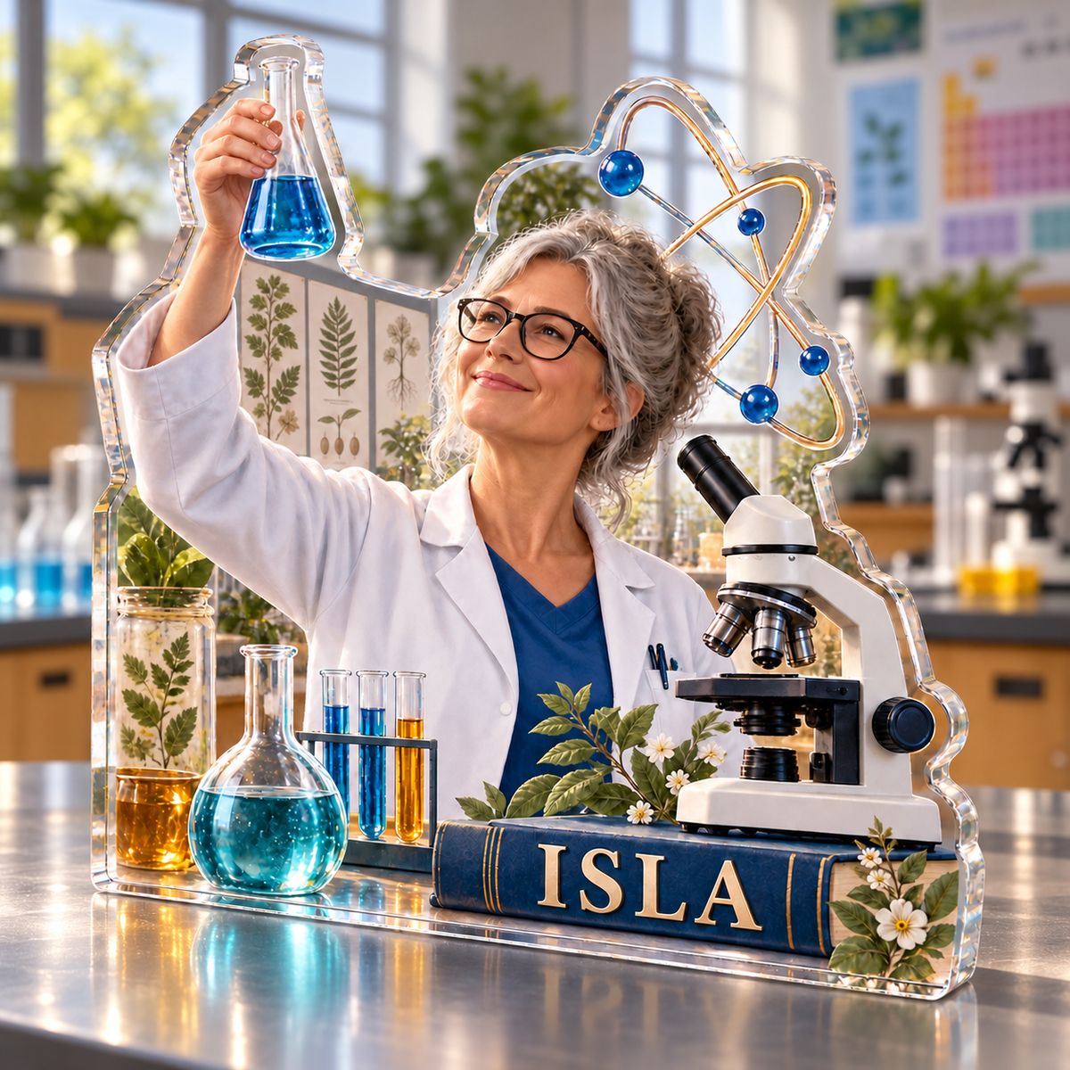 Artwork visualization: Science teacher — retirement keepsake, personalized ISLA, subject-shaped acrylic with printed optical 3D depth; not carved relief.