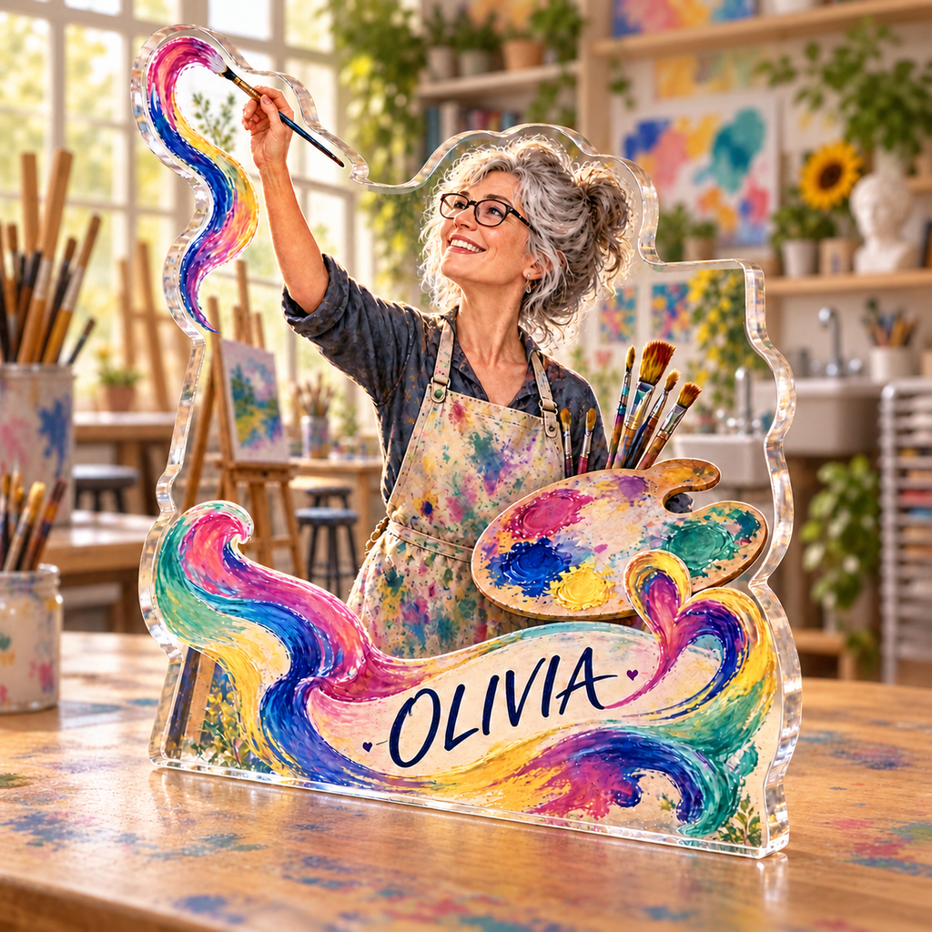 Artwork visualization: Art teacher — retirement keepsake, personalized OLIVIA, subject-shaped acrylic with printed optical 3D depth; not carved relief.