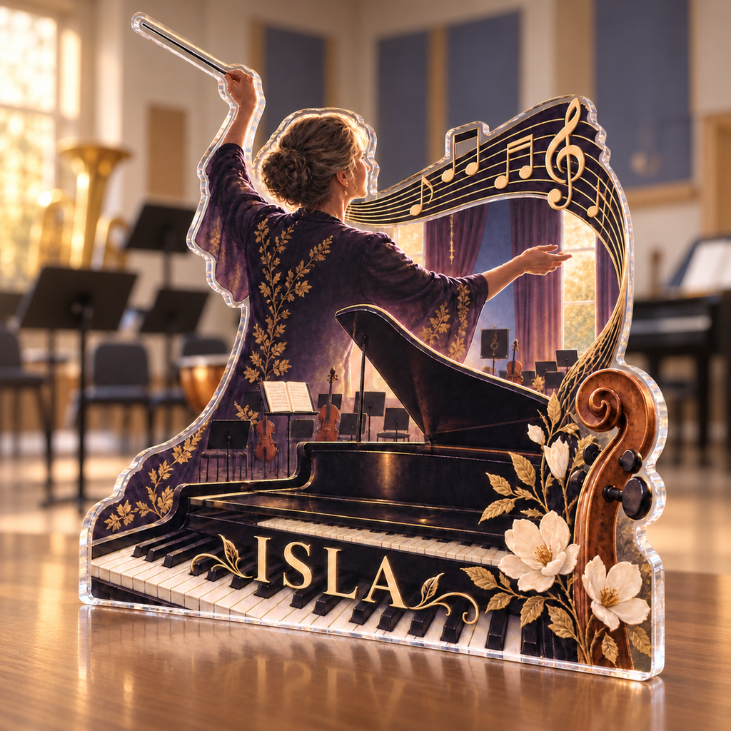 Artwork visualization: Music teacher — retirement keepsake, personalized ISLA, subject-shaped acrylic with printed optical 3D depth; not carved relief.