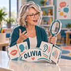Artwork visualization: Speech therapist — retirement keepsake, personalized OLIVIA, subject-shaped acrylic with printed optical 3D depth; not carved relief.