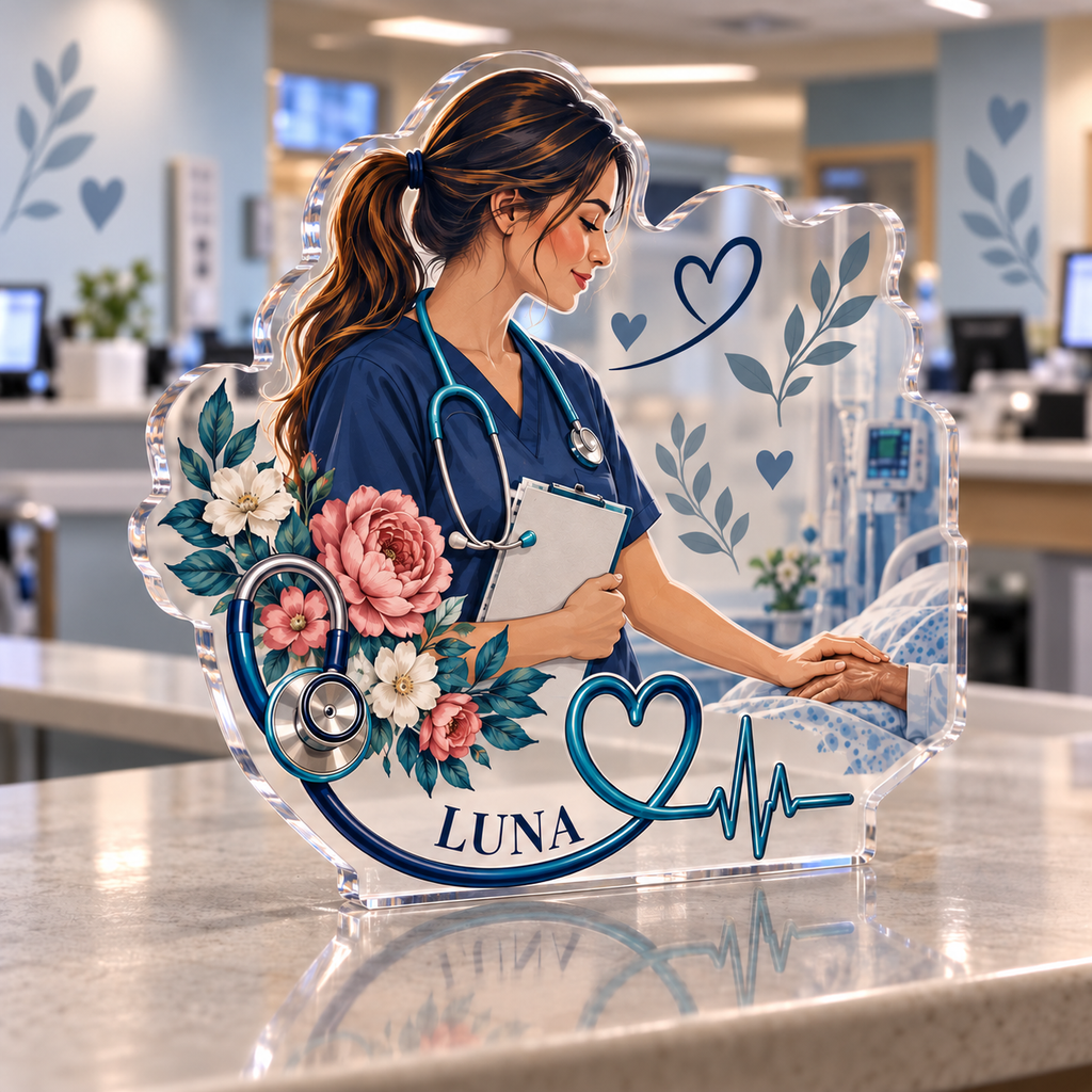 Artwork visualization: Registered nurse — retirement keepsake, personalized LUNA, subject-shaped acrylic with printed optical 3D depth; not carved relief.