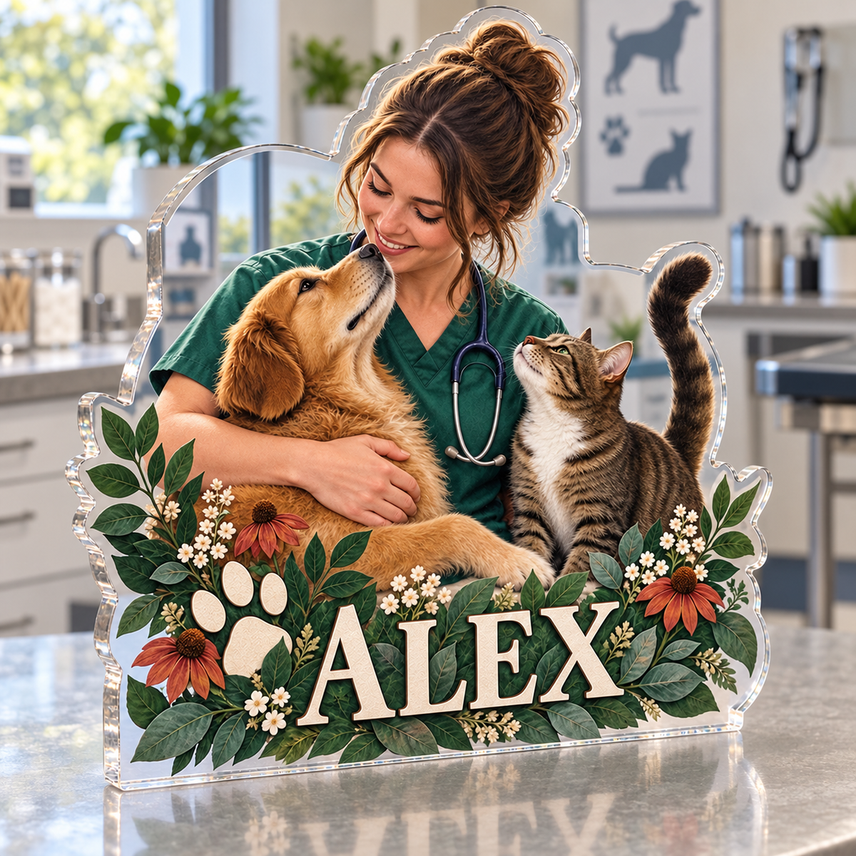 Artwork visualization: Veterinary technician — retirement keepsake, personalized ALEX, subject-shaped acrylic with printed optical 3D depth; not carved relief.