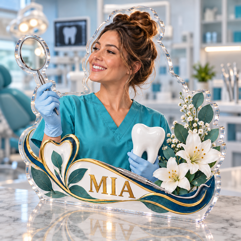 Artwork visualization: Dental hygienist — retirement keepsake, personalized MIA, subject-shaped acrylic with printed optical 3D depth; not carved relief.