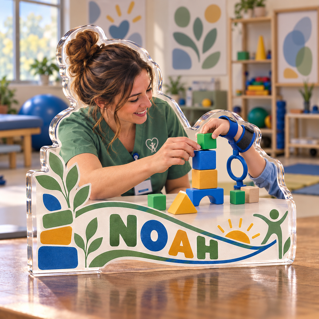 Artwork visualization: Occupational therapist — retirement keepsake, personalized NOAH, subject-shaped acrylic with printed optical 3D depth; not carved relief.