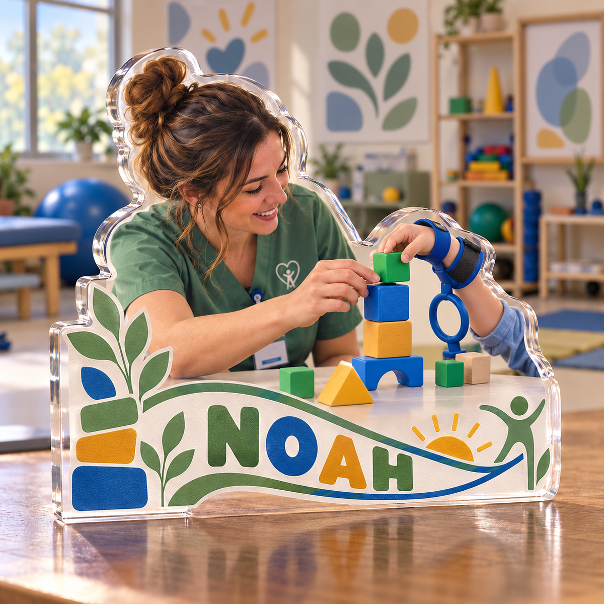 Artwork visualization: Occupational therapist — retirement keepsake, personalized NOAH, subject-shaped acrylic with printed optical 3D depth; not carved relief.