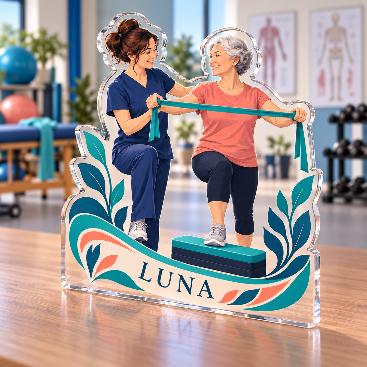 Artwork visualization: Physical therapist — retirement keepsake, personalized LUNA, subject-shaped acrylic with printed optical 3D depth; not carved relief.
