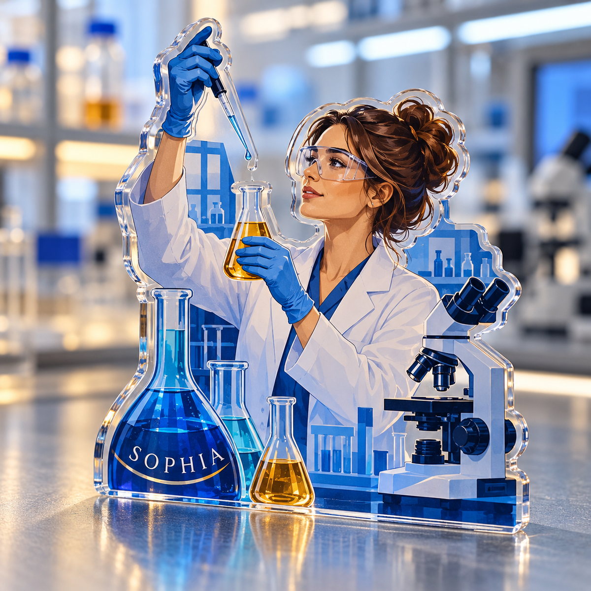 Artwork visualization: Laboratory scientist — retirement keepsake, personalized SOPHIA, subject-shaped acrylic with printed optical 3D depth; not carved relief.