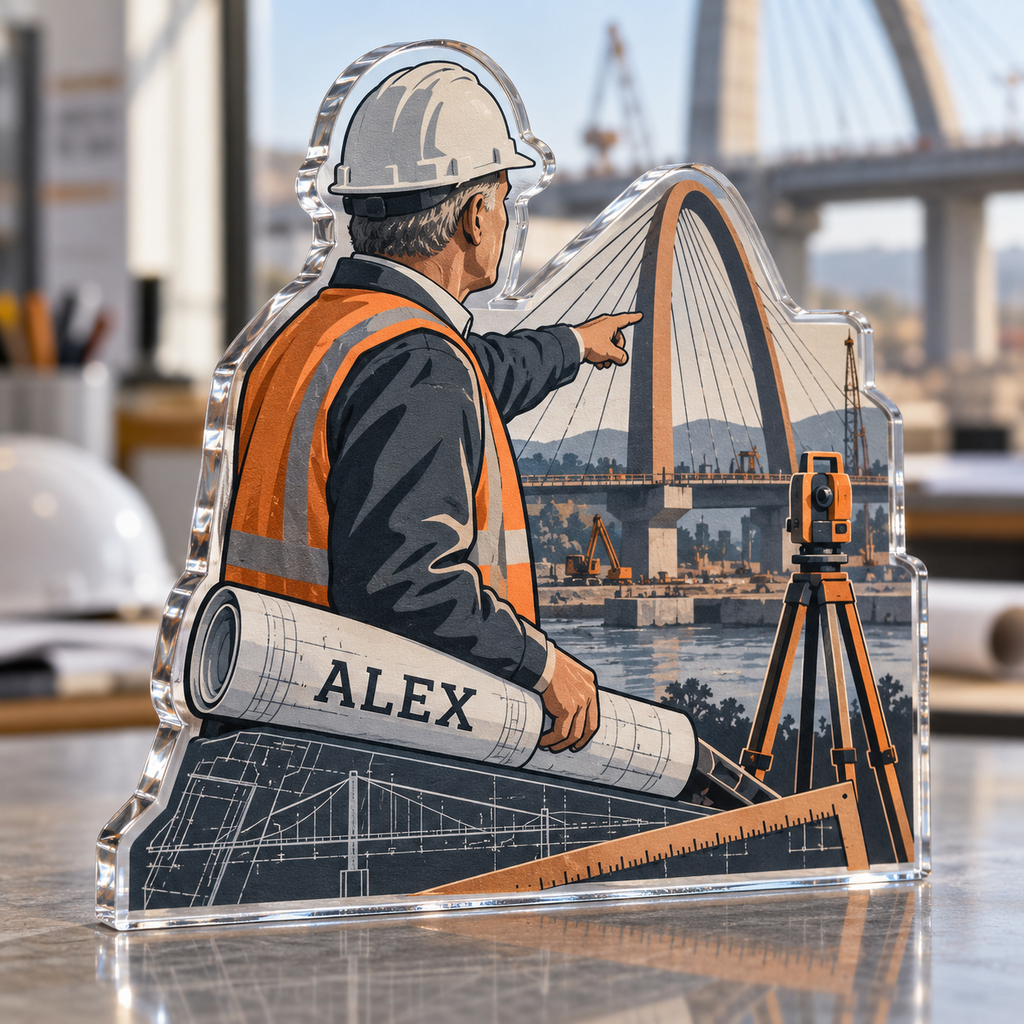 Artwork visualization: Civil engineer — retirement keepsake, personalized ALEX, subject-shaped acrylic with printed optical 3D depth; not carved relief.