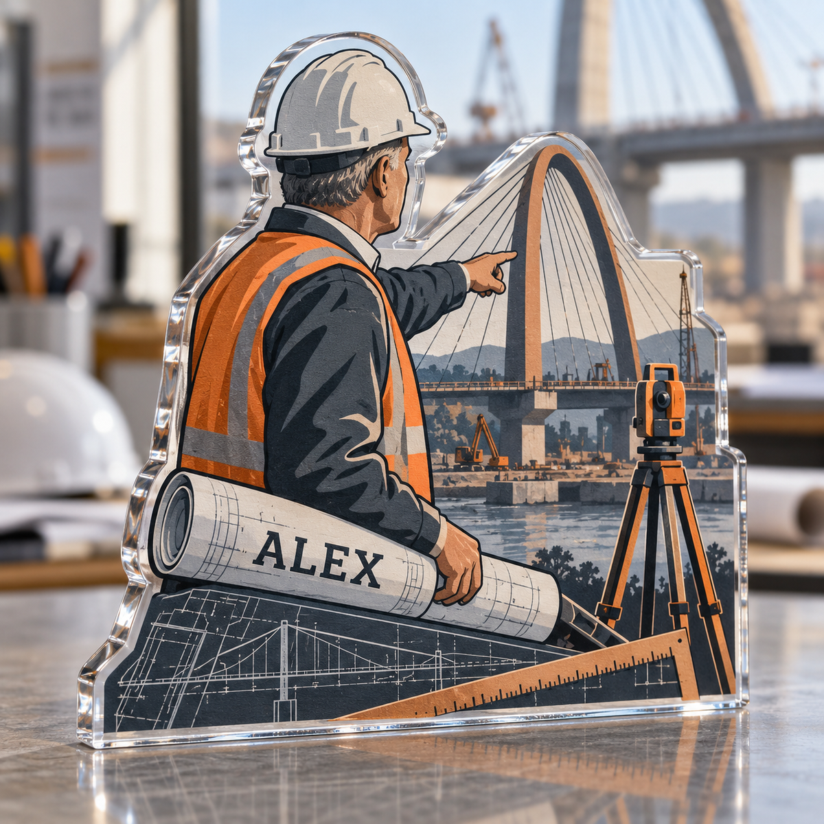 Artwork visualization: Civil engineer — retirement keepsake, personalized ALEX, subject-shaped acrylic with printed optical 3D depth; not carved relief.
