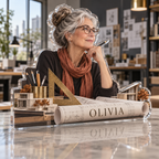 Artwork visualization: Architect — retirement keepsake, personalized OLIVIA, subject-shaped acrylic with printed optical 3D depth; not carved relief.