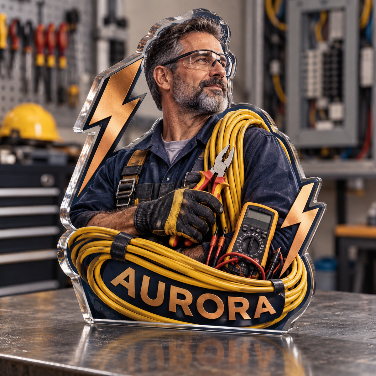 Artwork visualization: Electrician — retirement keepsake, personalized AURORA, subject-shaped acrylic with printed optical 3D depth; not carved relief.