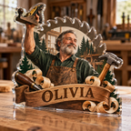 Artwork visualization: Carpenter — retirement keepsake, personalized OLIVIA, subject-shaped acrylic with printed optical 3D depth; not carved relief.