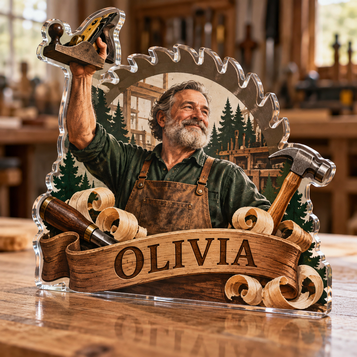 Artwork visualization: Carpenter — retirement keepsake, personalized OLIVIA, subject-shaped acrylic with printed optical 3D depth; not carved relief.