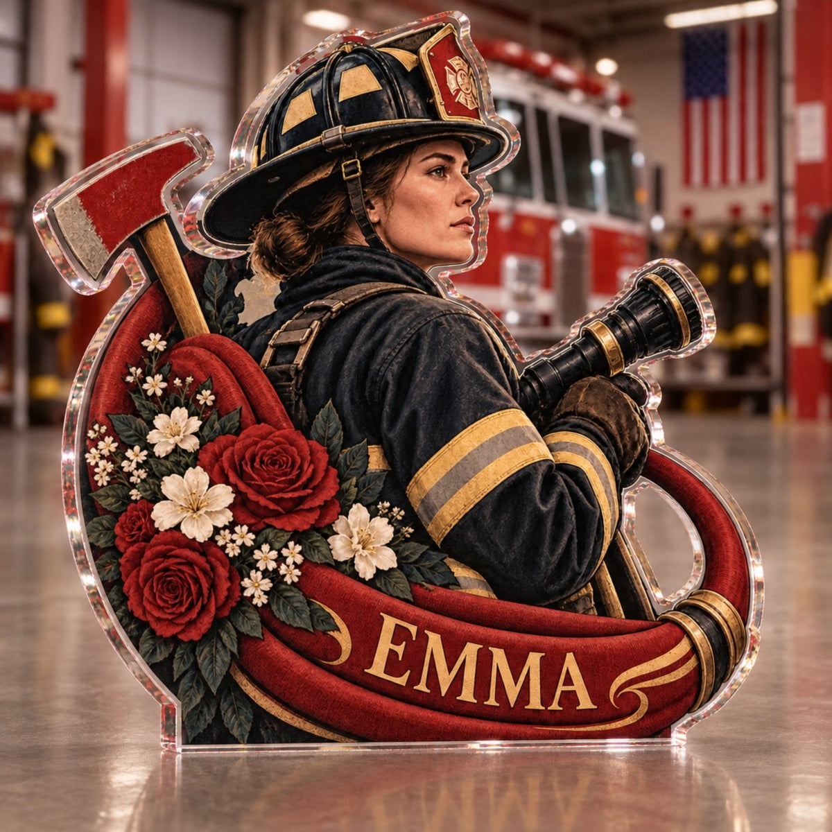 Personalized Firefighter Retirement Keepsake custom shape acrylic plaque with an example name set into the artwork, digital preview