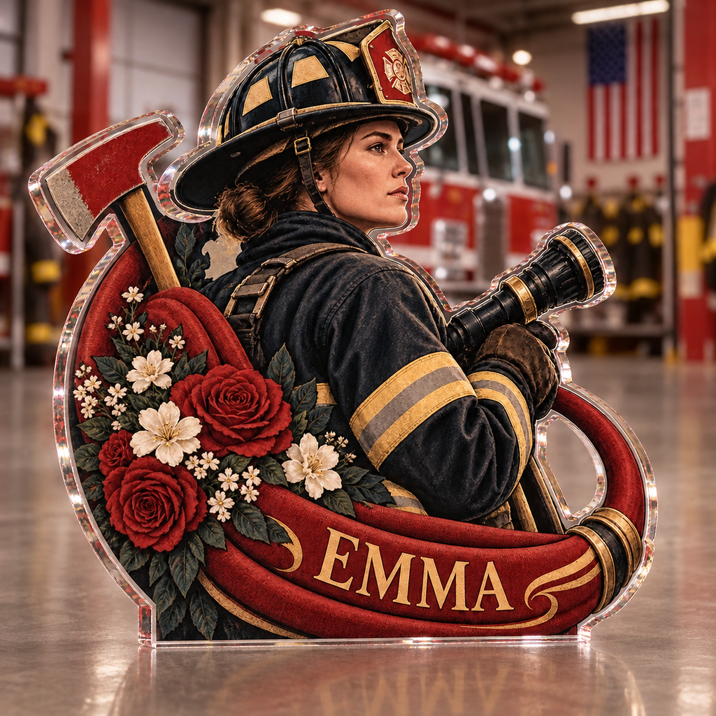 Artwork visualization: Firefighter — retirement keepsake, personalized EMMA, subject-shaped acrylic with printed optical 3D depth; not carved relief.