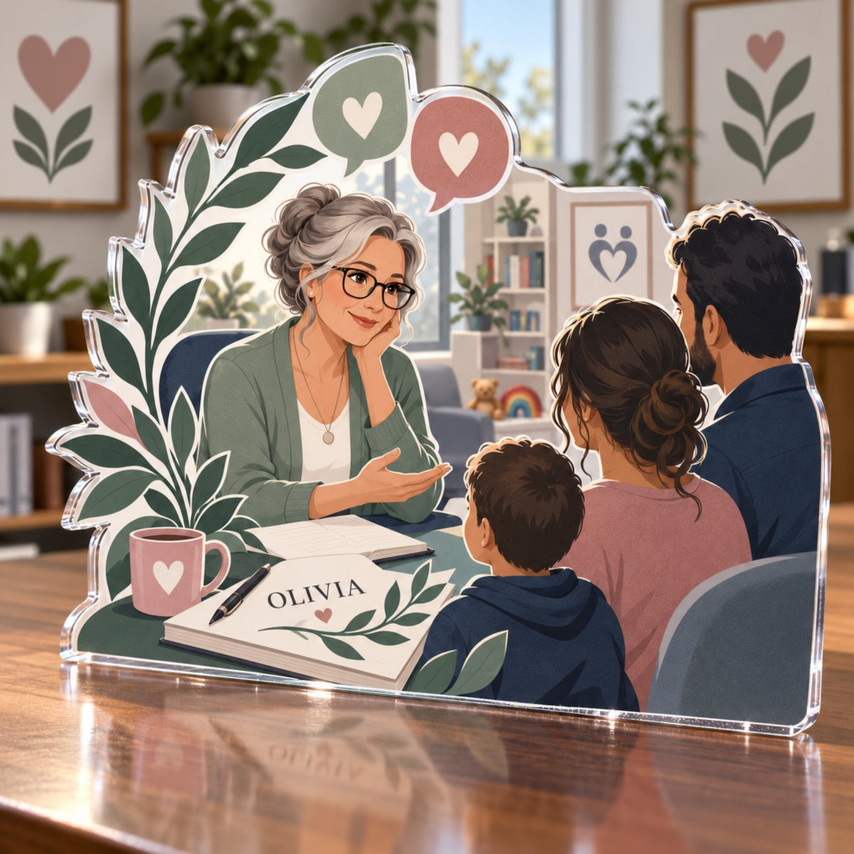 Personalized Social Worker Retirement Keepsake custom shape acrylic plaque with an example name set into the artwork, digital preview