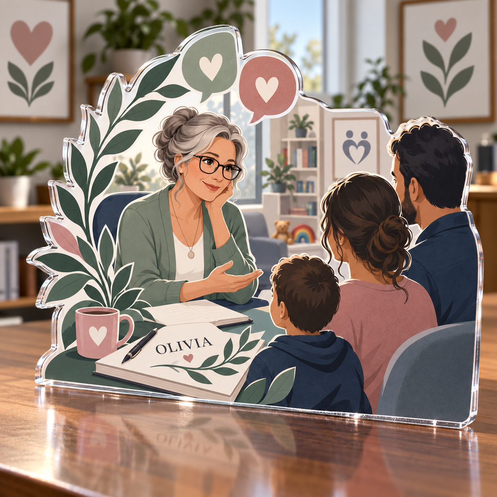Artwork visualization: Social worker — retirement keepsake, personalized OLIVIA, subject-shaped acrylic with printed optical 3D depth; not carved relief.