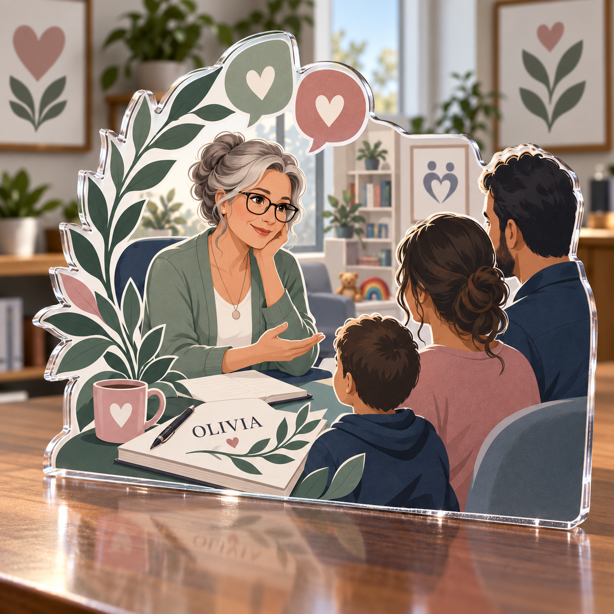Artwork visualization: Social worker — retirement keepsake, personalized OLIVIA, subject-shaped acrylic with printed optical 3D depth; not carved relief.