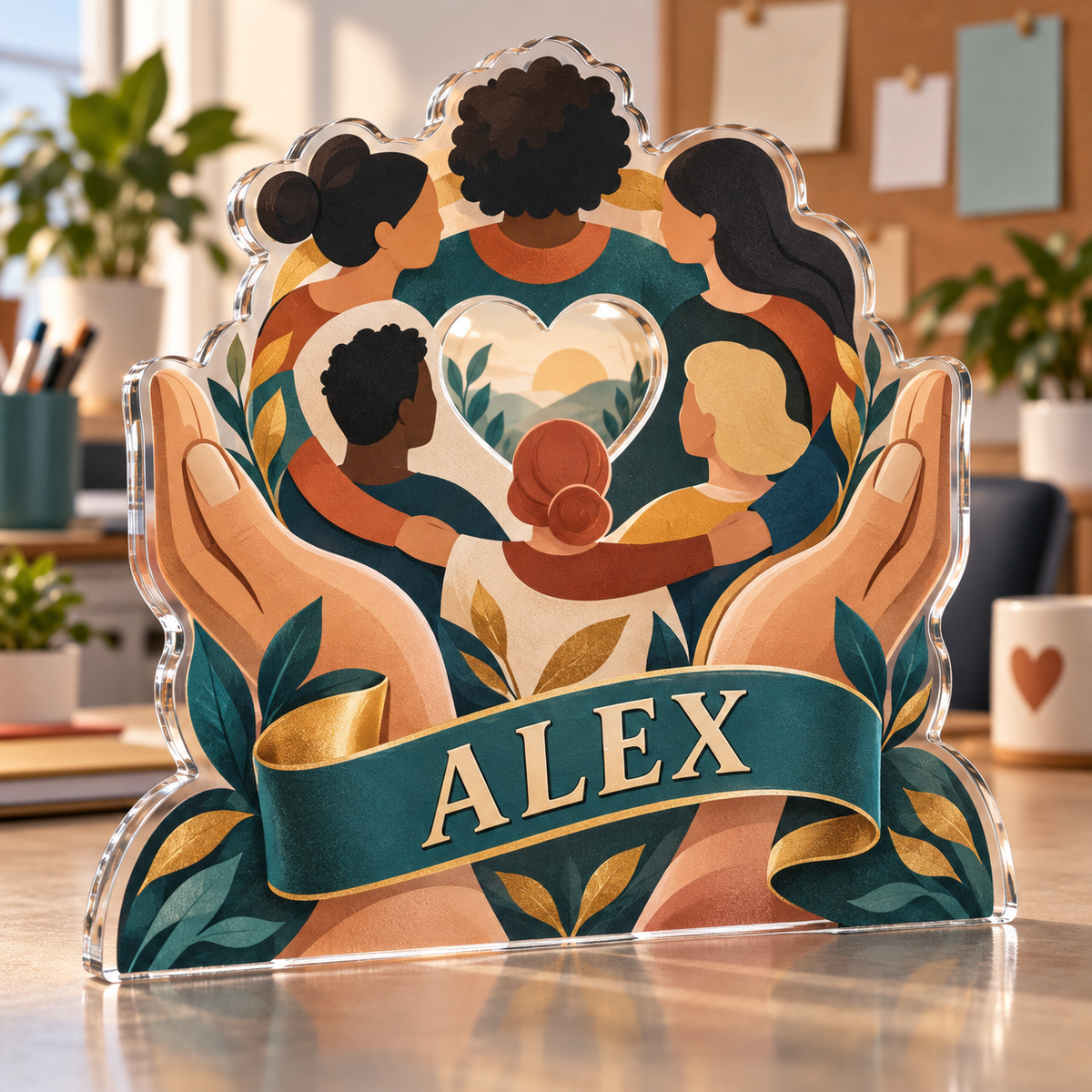 Artwork visualization: Social worker — team belonging, personalized ALEX, subject-shaped acrylic with printed optical 3D depth; not carved relief.