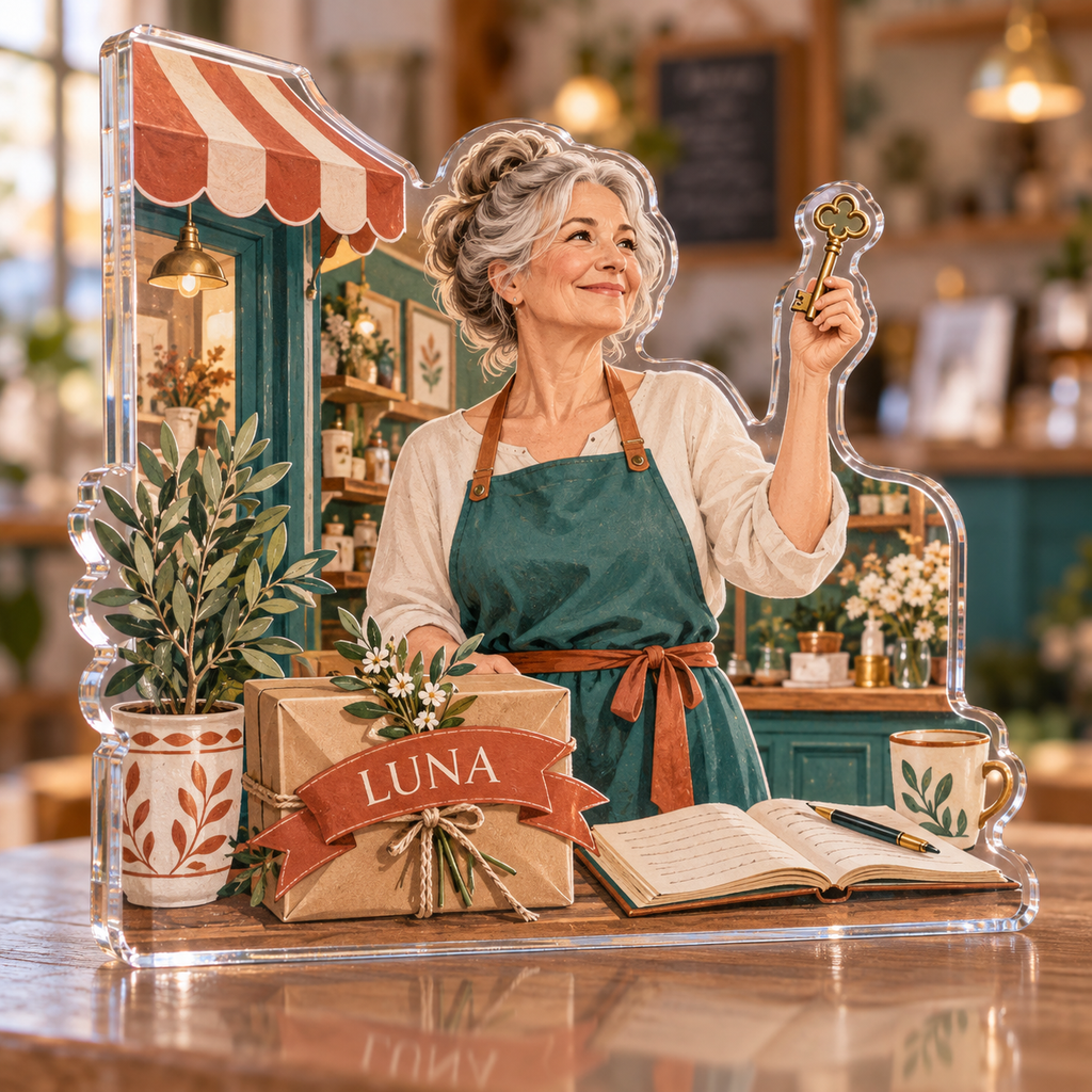 Artwork visualization: Small business owner — retirement keepsake, personalized LUNA, subject-shaped acrylic with printed optical 3D depth; not carved relief.