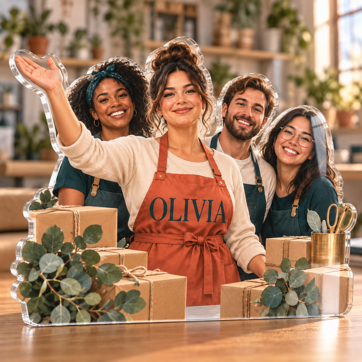 Artwork visualization: Small business owner — team belonging, personalized OLIVIA, subject-shaped acrylic with printed optical 3D depth; not carved relief.