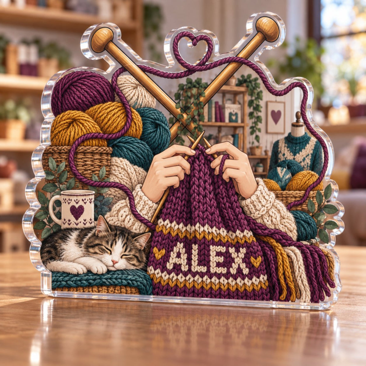 Personalized Knitting Everyday Hobby Identity custom shape acrylic plaque with an example name set into the artwork, digital preview