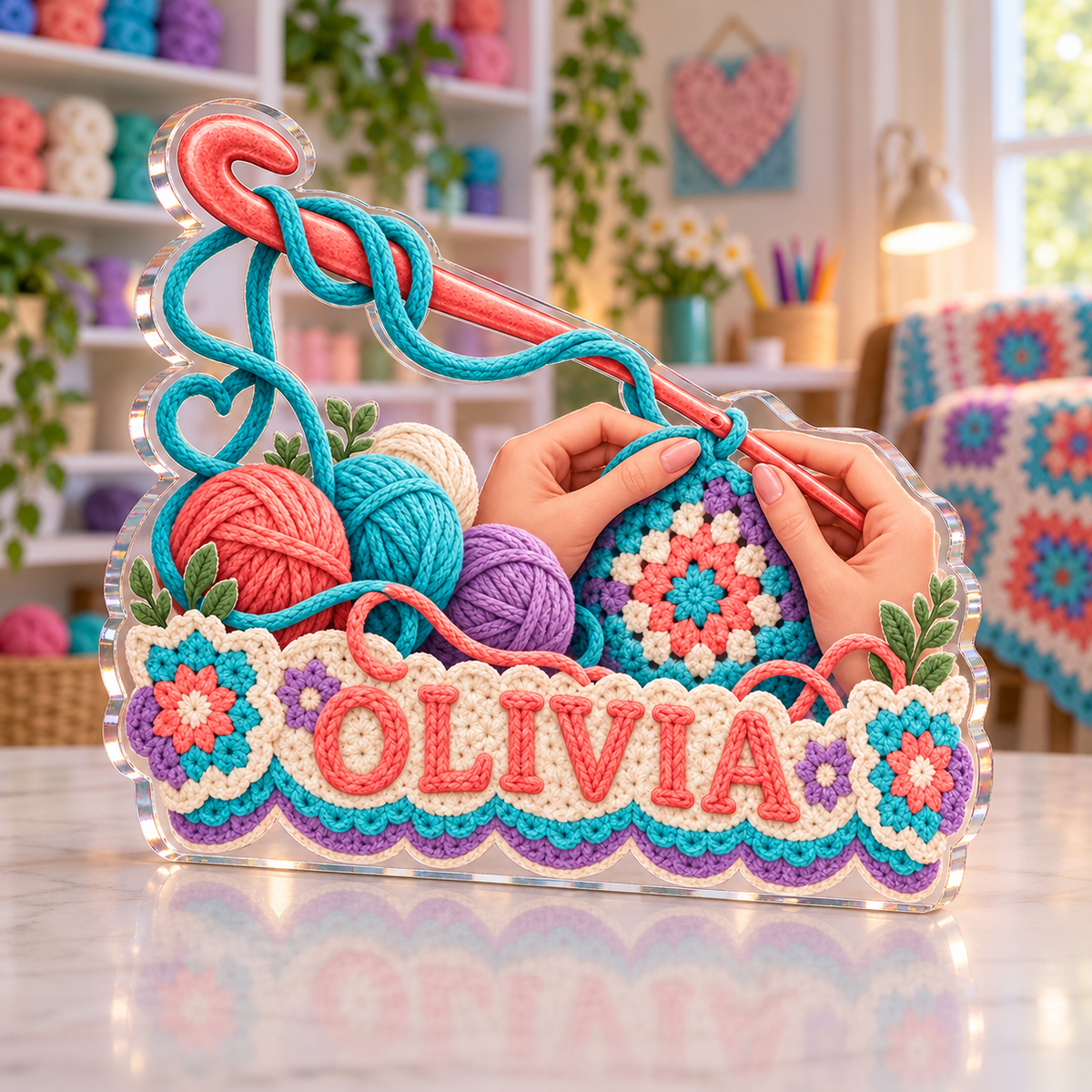 Artwork visualization: Crochet — everyday hobby identity, personalized OLIVIA, subject-shaped acrylic with printed optical 3D depth; not carved relief.
