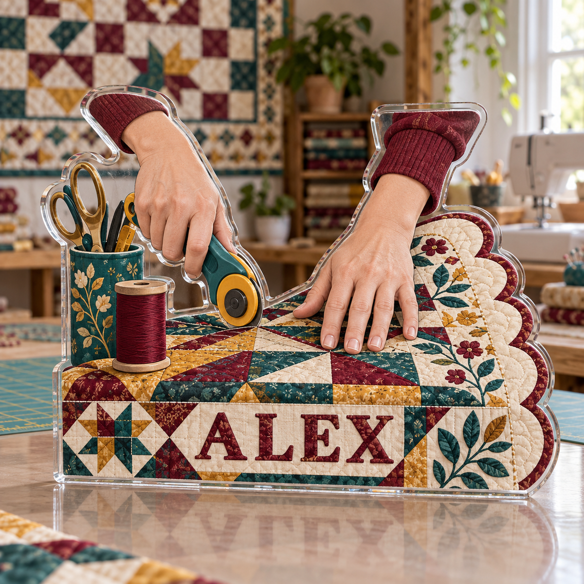 Artwork visualization: Quilting — everyday hobby identity, personalized ALEX, subject-shaped acrylic with printed optical 3D depth; not carved relief.
