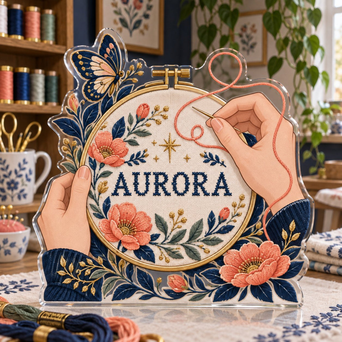Personalized Embroidery Everyday Hobby Identity custom shape acrylic plaque with an example name set into the artwork, digital preview