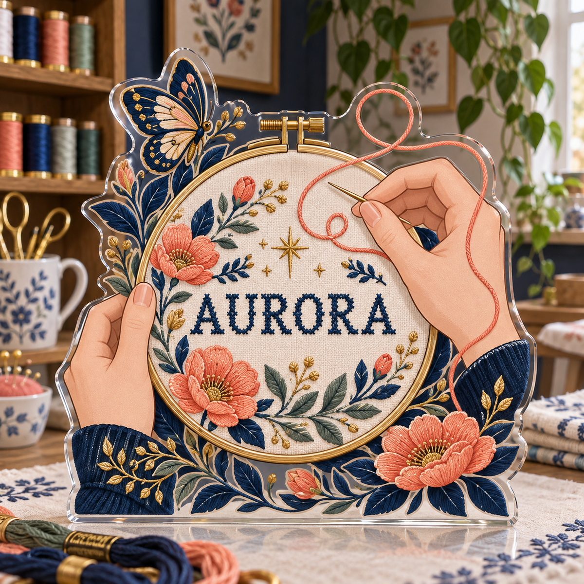 Artwork visualization: Embroidery — everyday hobby identity, personalized AURORA, subject-shaped acrylic with printed optical 3D depth; not carved relief.
