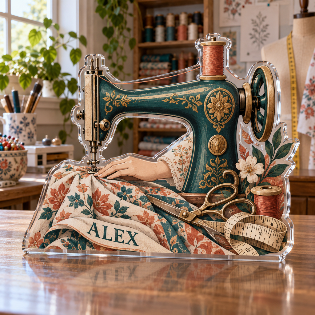Artwork visualization: Sewing — everyday hobby identity, personalized ALEX, subject-shaped acrylic with printed optical 3D depth; not carved relief.