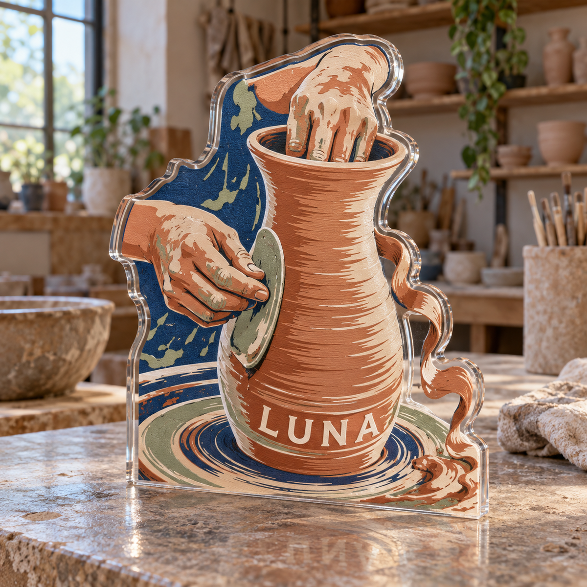Artwork visualization: Pottery — everyday hobby identity, personalized LUNA, subject-shaped acrylic with printed optical 3D depth; not carved relief.