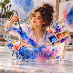 Artwork visualization: Watercolor painting — everyday hobby identity, personalized SOPHIA, subject-shaped acrylic with printed optical 3D depth; not carved relief.