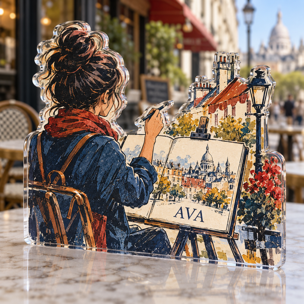 Artwork visualization: Urban sketching — everyday hobby identity, personalized AVA, subject-shaped acrylic with printed optical 3D depth; not carved relief.