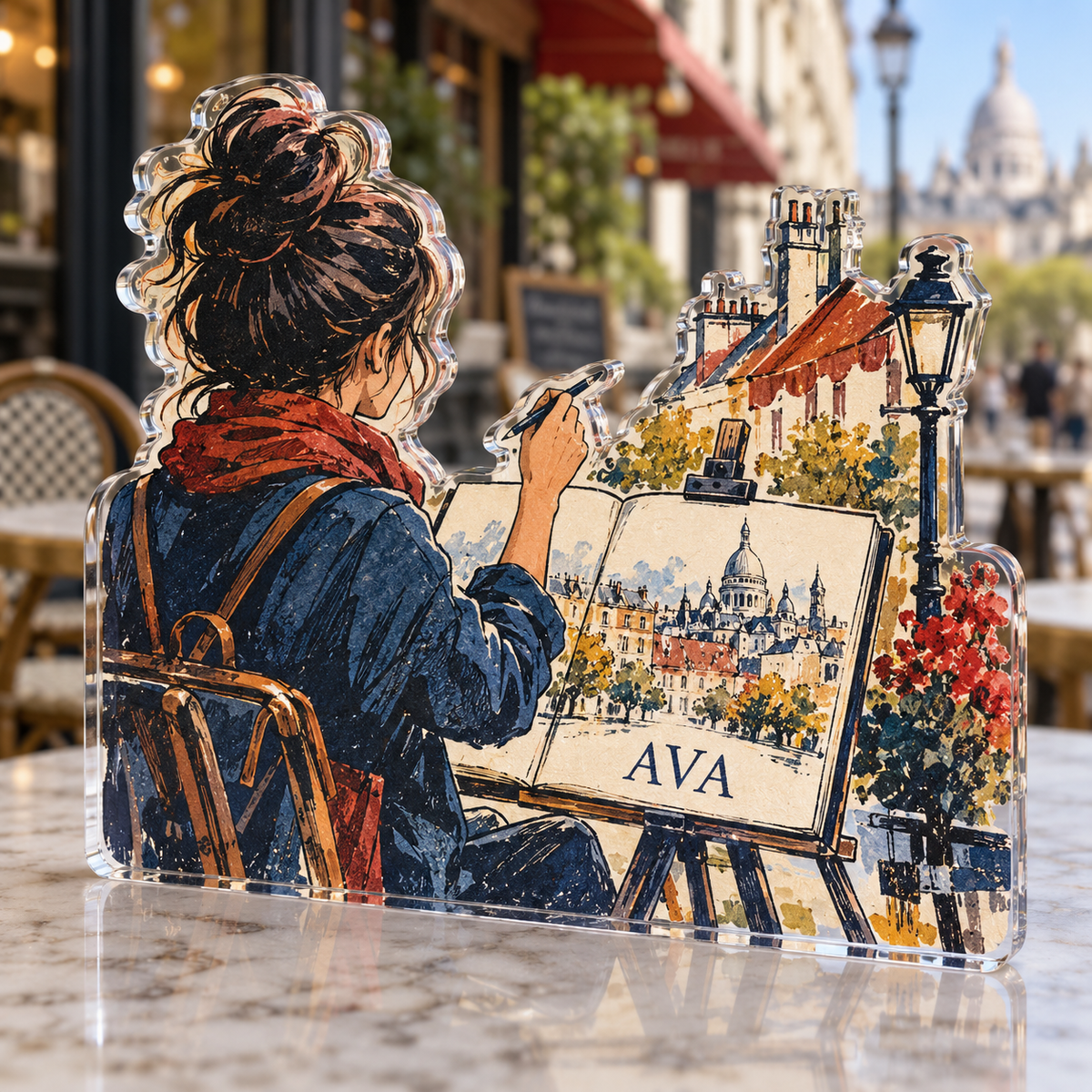 Artwork visualization: Urban sketching — everyday hobby identity, personalized AVA, subject-shaped acrylic with printed optical 3D depth; not carved relief.