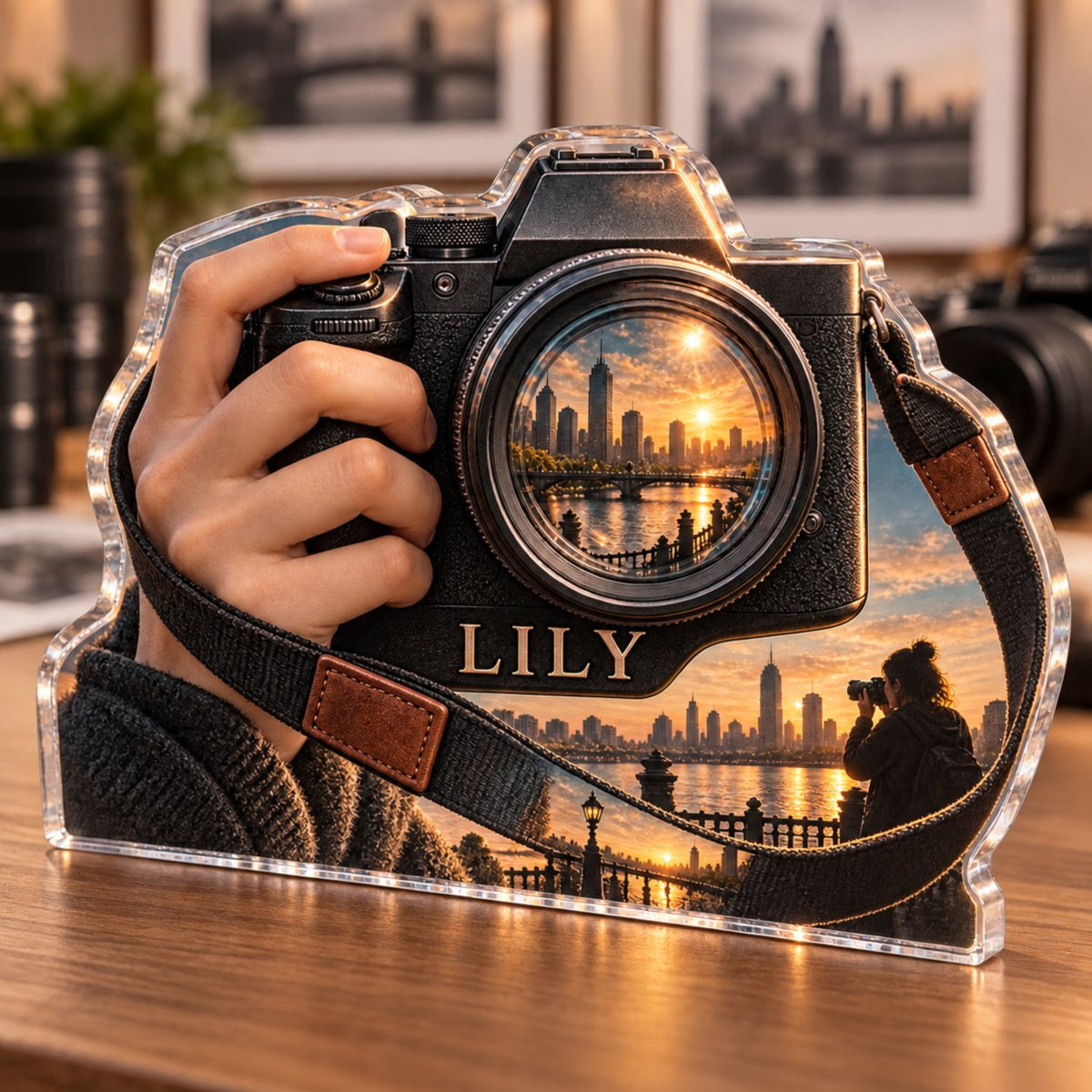 Personalized Photography Everyday Hobby Identity custom shape acrylic plaque with an example name set into the artwork, digital preview