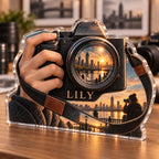 Personalized Photography Everyday Hobby Identity custom shape acrylic plaque with an example name set into the artwork, digital preview