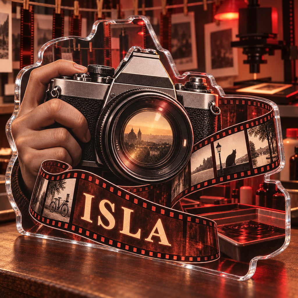 Artwork visualization: Film photography — everyday hobby identity, personalized ISLA, subject-shaped acrylic with printed optical 3D depth; not carved relief.