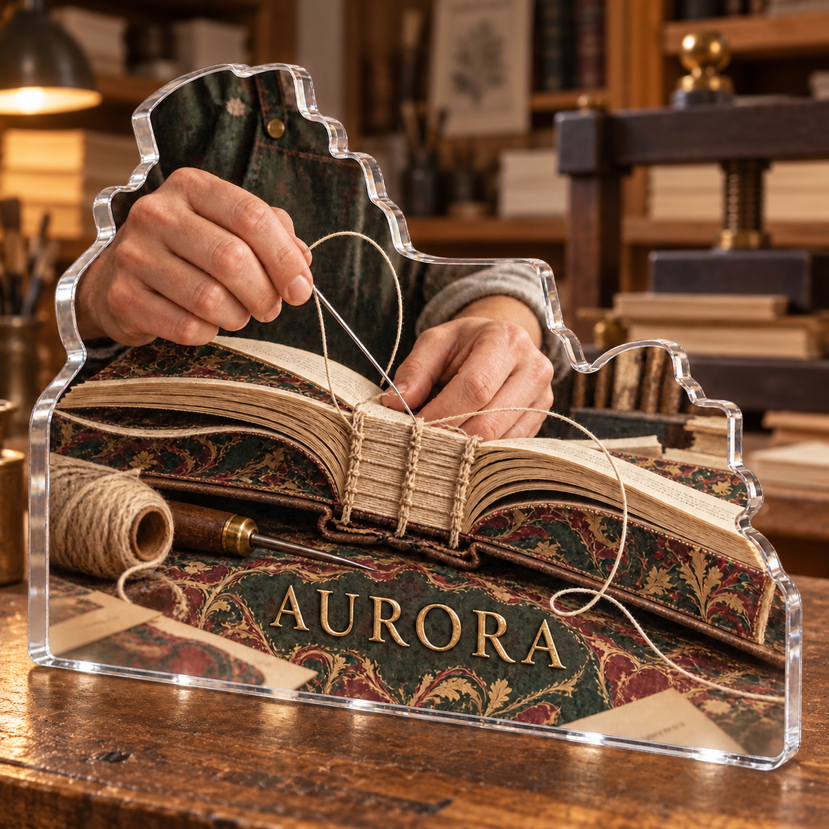Artwork visualization: Bookbinding — everyday hobby identity, personalized AURORA, subject-shaped acrylic with printed optical 3D depth; not carved relief.
