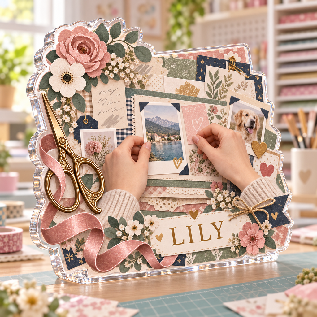 Artwork visualization: Scrapbooking — everyday hobby identity, personalized LILY, subject-shaped acrylic with printed optical 3D depth; not carved relief.