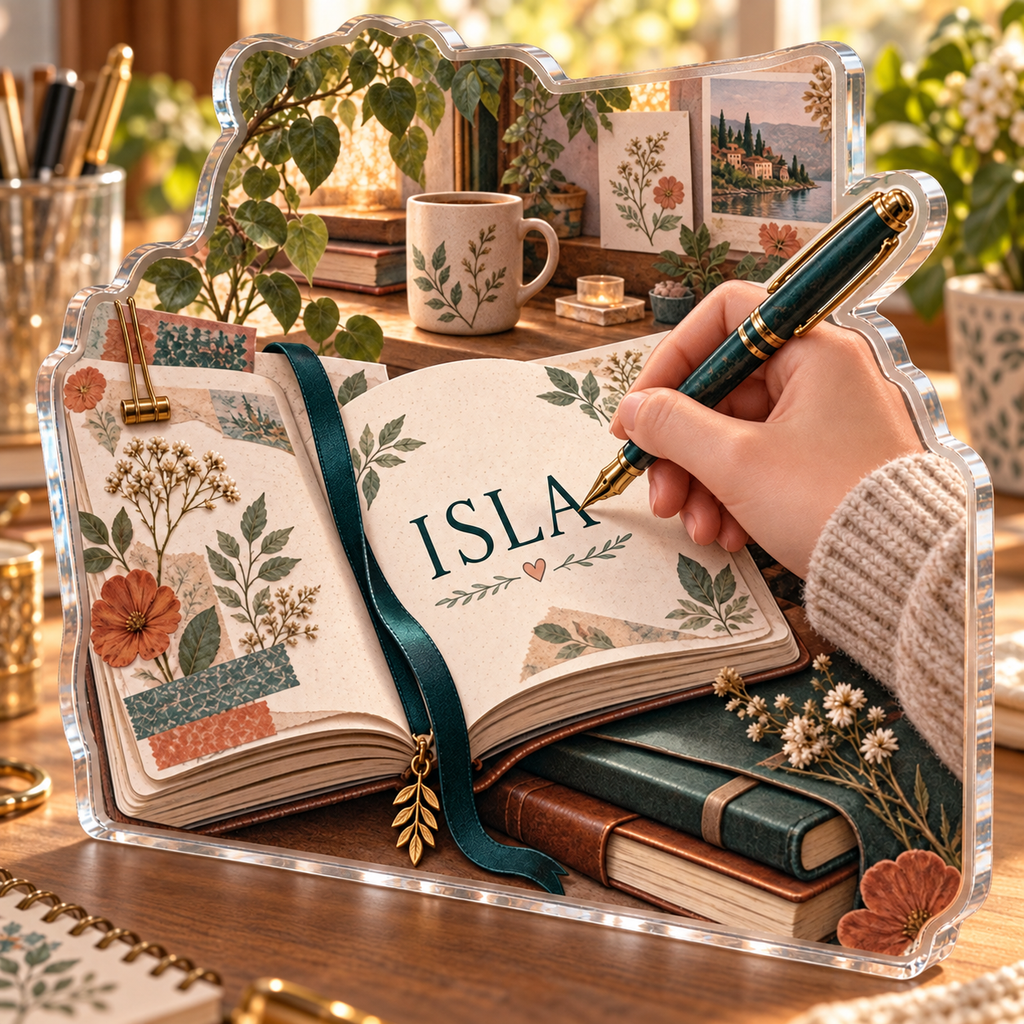 Artwork visualization: Journaling — everyday hobby identity, personalized ISLA, subject-shaped acrylic with printed optical 3D depth; not carved relief.