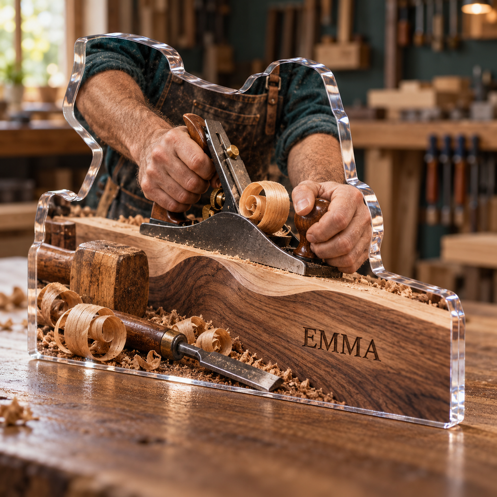 Artwork visualization: Woodworking — everyday hobby identity, personalized EMMA, subject-shaped acrylic with printed optical 3D depth; not carved relief.