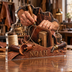 Artwork visualization: Leathercraft — everyday hobby identity, personalized NOAH, subject-shaped acrylic with printed optical 3D depth; not carved relief.
