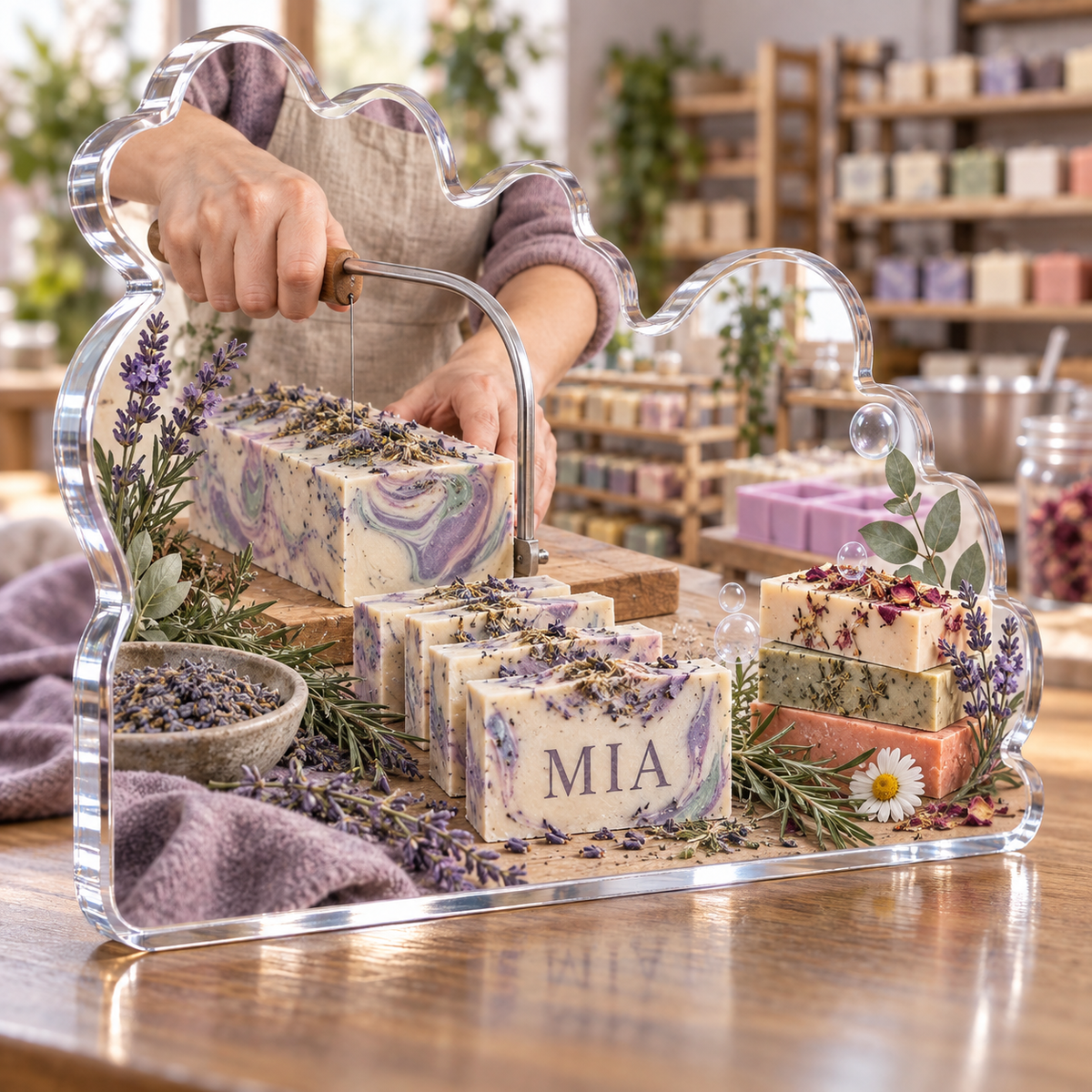 Artwork visualization: Soap making — everyday hobby identity, personalized MIA, subject-shaped acrylic with printed optical 3D depth; not carved relief.