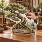 Artwork visualization: Bonsai — everyday hobby identity, personalized EMMA, subject-shaped acrylic with printed optical 3D depth; not carved relief.