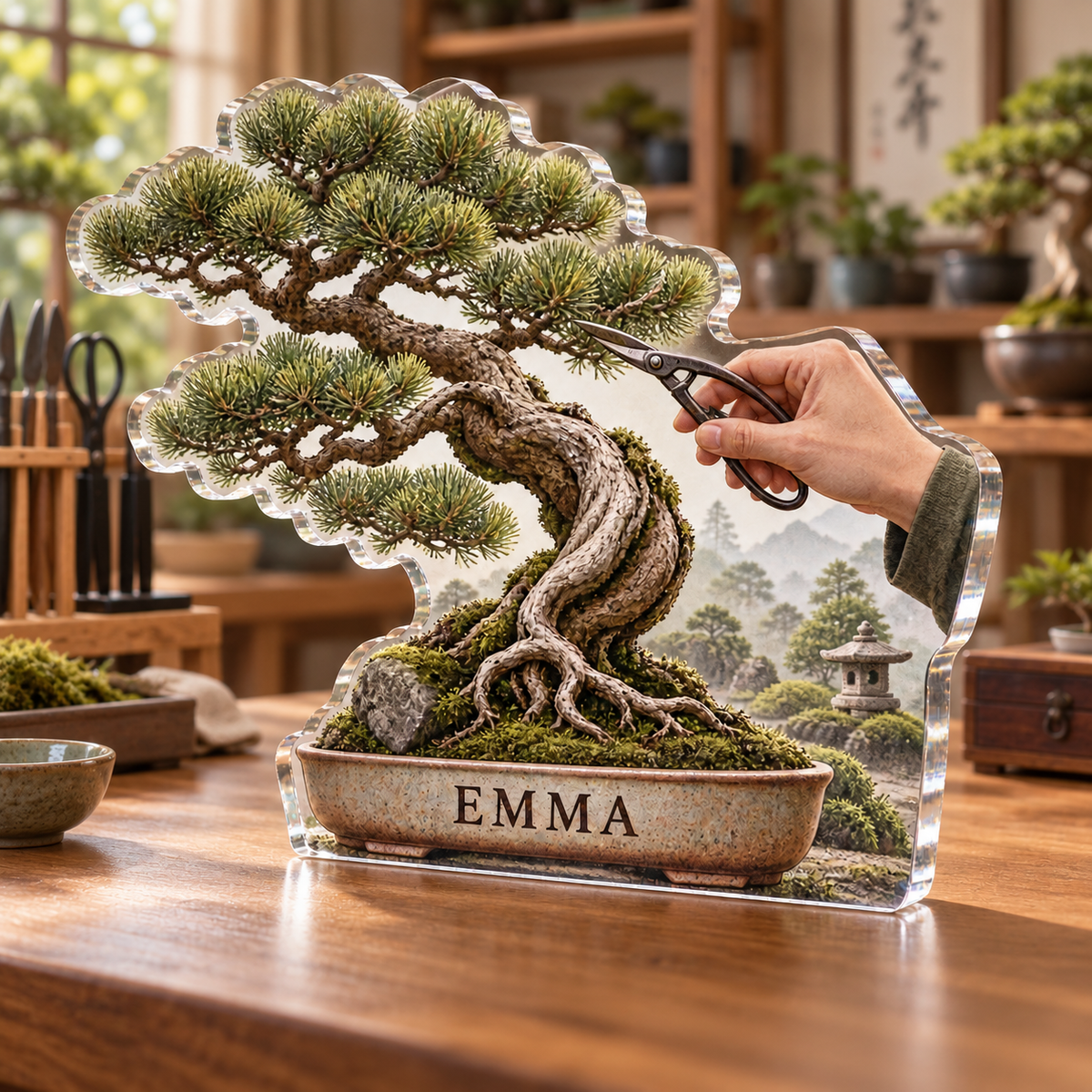Artwork visualization: Bonsai — everyday hobby identity, personalized EMMA, subject-shaped acrylic with printed optical 3D depth; not carved relief.
