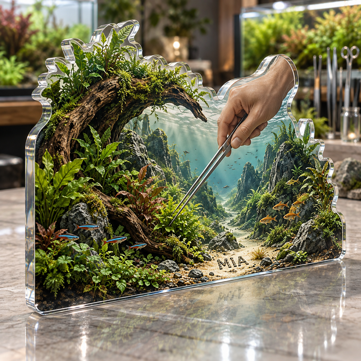 Artwork visualization: Aquascaping — everyday hobby identity, personalized MIA, subject-shaped acrylic with printed optical 3D depth; not carved relief.
