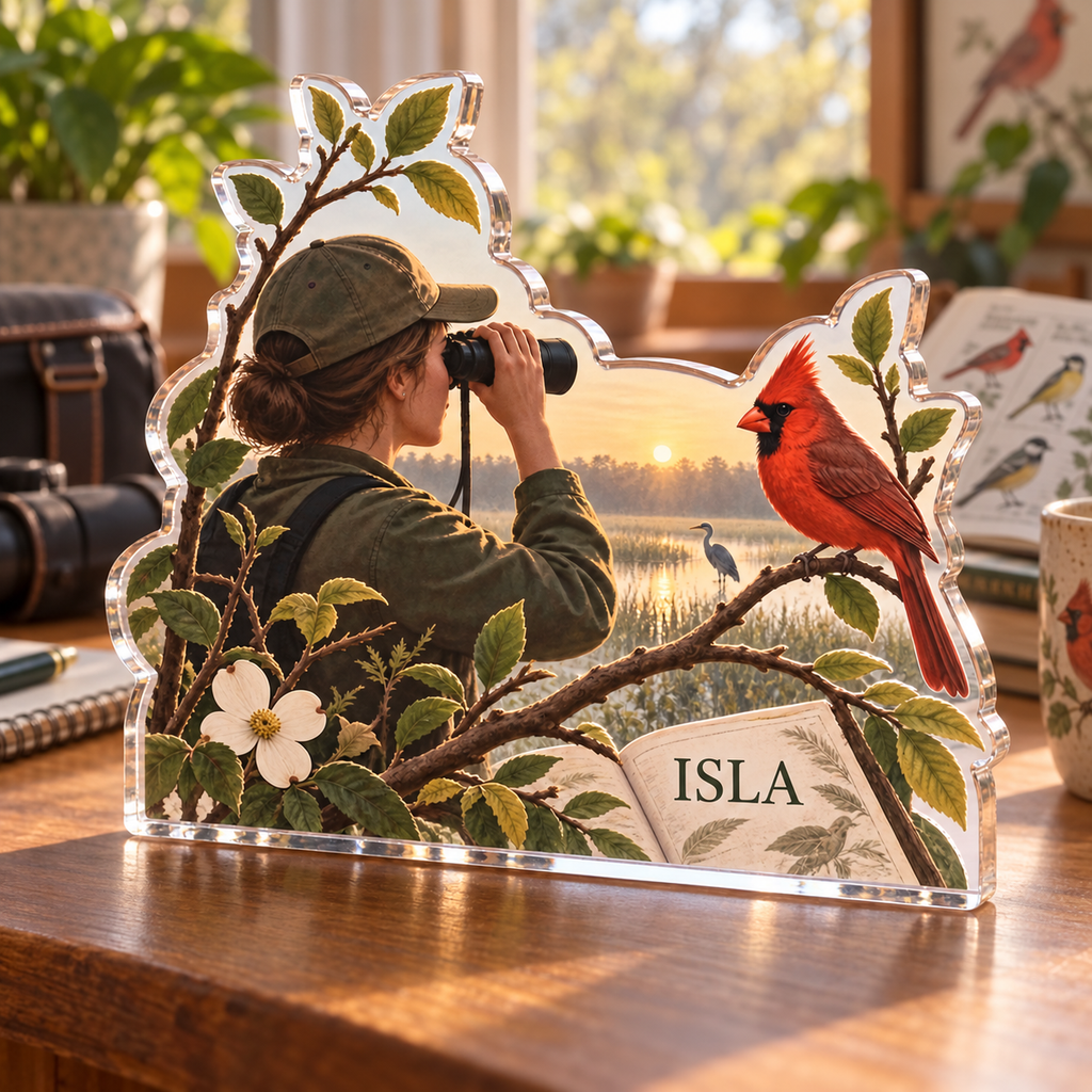 Artwork visualization: Birdwatching — everyday hobby identity, personalized ISLA, subject-shaped acrylic with printed optical 3D depth; not carved relief.